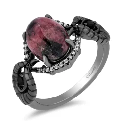 Enchanted Disney Fine Jewelry Black Rhodium Over Sterling Silver 1/10 CTTW Diamonds with Rhodonite and Black Onyx Maleficent Ring