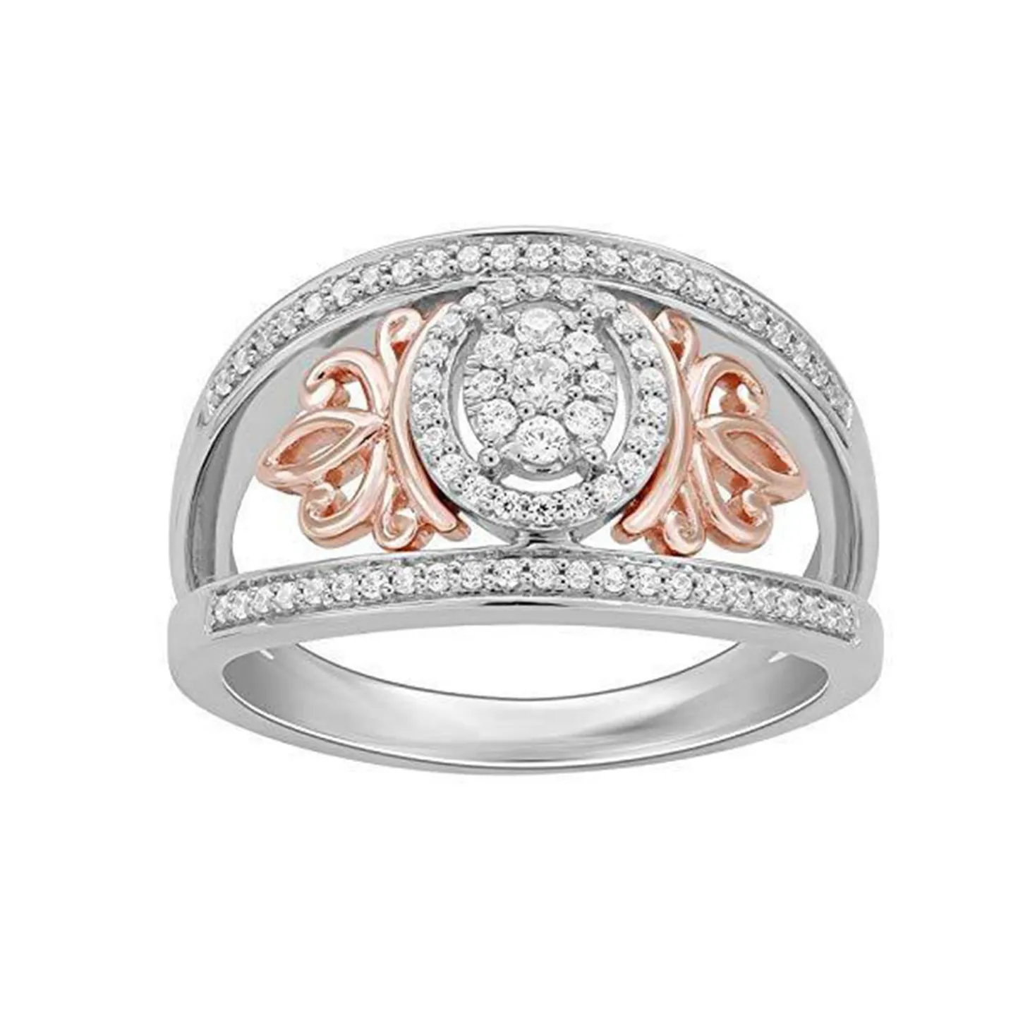 Enchanted Disney Fine Jewelry Sterling Silver and 10K Rose Gold with 1/4 CTTW Majestic Princess Crown Ring