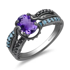 Enchanted Disney Fine Jewelry Black Rhodium Over Sterling Silver with 1/8 CTTW Diamonds, Amethyst and Swiss Blue Topaz Ursula Ring