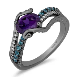 Enchanted Disney Fine Jewelry Black Rhodium Over Sterling Silver with 1/10 CTTW Diamonds, Amethyst and Swiss Blue Topaz Ursula Ring