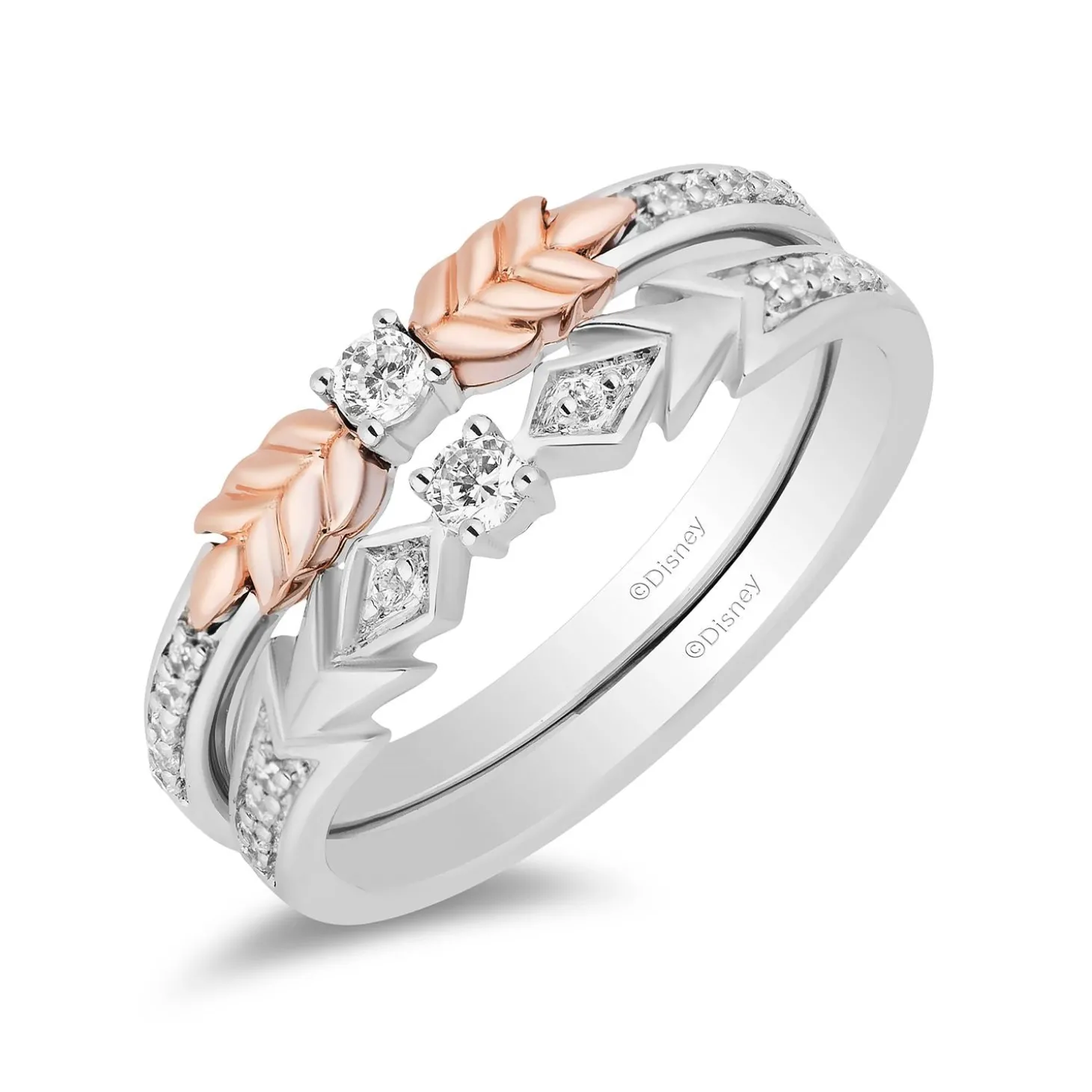 Enchanted Disney Fine Jewelry Sterling Silver and 10K Rose Gold With 1/5 CTTW Diamond Elsa and Anna Duo Stack Ring