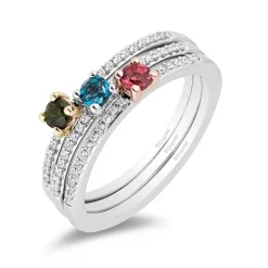 Enchanted Disney Fine Jewelry Sterling Silver & 10K Rose Gold & Yellow Gold 1/5 CTTW Diamond with London Blue Topaz and Pink and Green Tourmaline Aurora 3 Fairy God Mother Ring