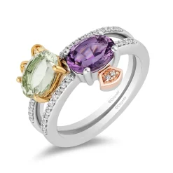 Enchanted Disney Fine Jewelry Sterling Silver and 10K Yellow and Rose Gold 1/6 CTTW Diamond with Green and Purple Amethyst Stepsisters Stackable Ring