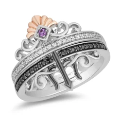 Enchanted Disney Fine Jewelry Black Rhodium and 14K Rose Gold Over Sterling Silver with 1/5 CTTW Diamonds and Amethyst Ariel Ursula Duo Ring