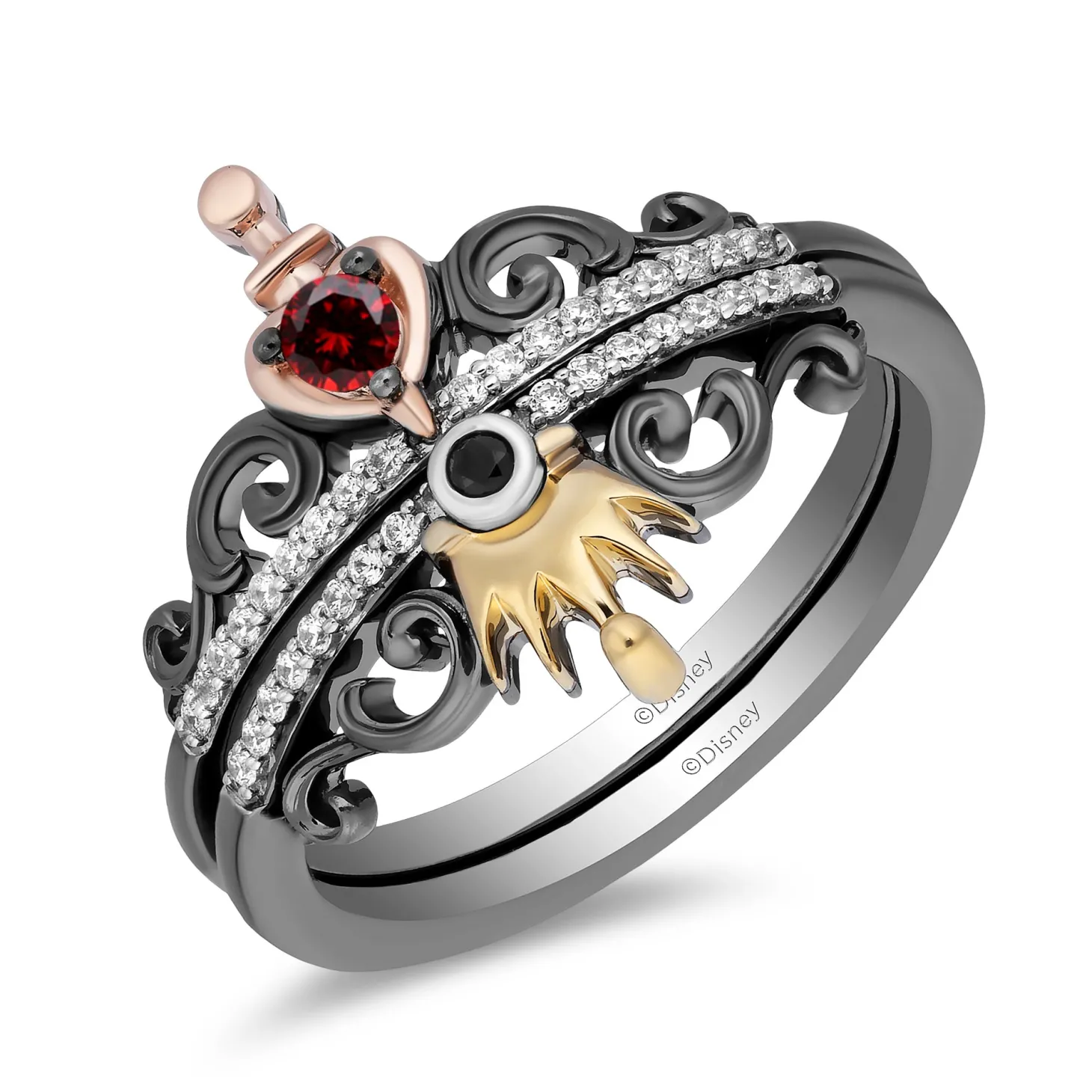 Enchanted Disney Fine Jewelry Black Rhodium Over Sterling Silver with 10K Rose Gold and Yellow Gold 1/8 CTTW Diamond and Red Garnet Evil Queen Aurora Stack Ring