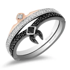 Enchanted Disney Fine Jewelry Black Rhodium over Sterling Silver and 10K Rose Gold 1/4 CTTW Black Diamond and White Diamond Aurora Duo Set Ring