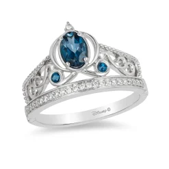Enchanted Disney Fine Jewelry Sterling Silver with 1/10 CTTW Diamond and London Blue Topaz Cinderella Carriage Tiara Ring