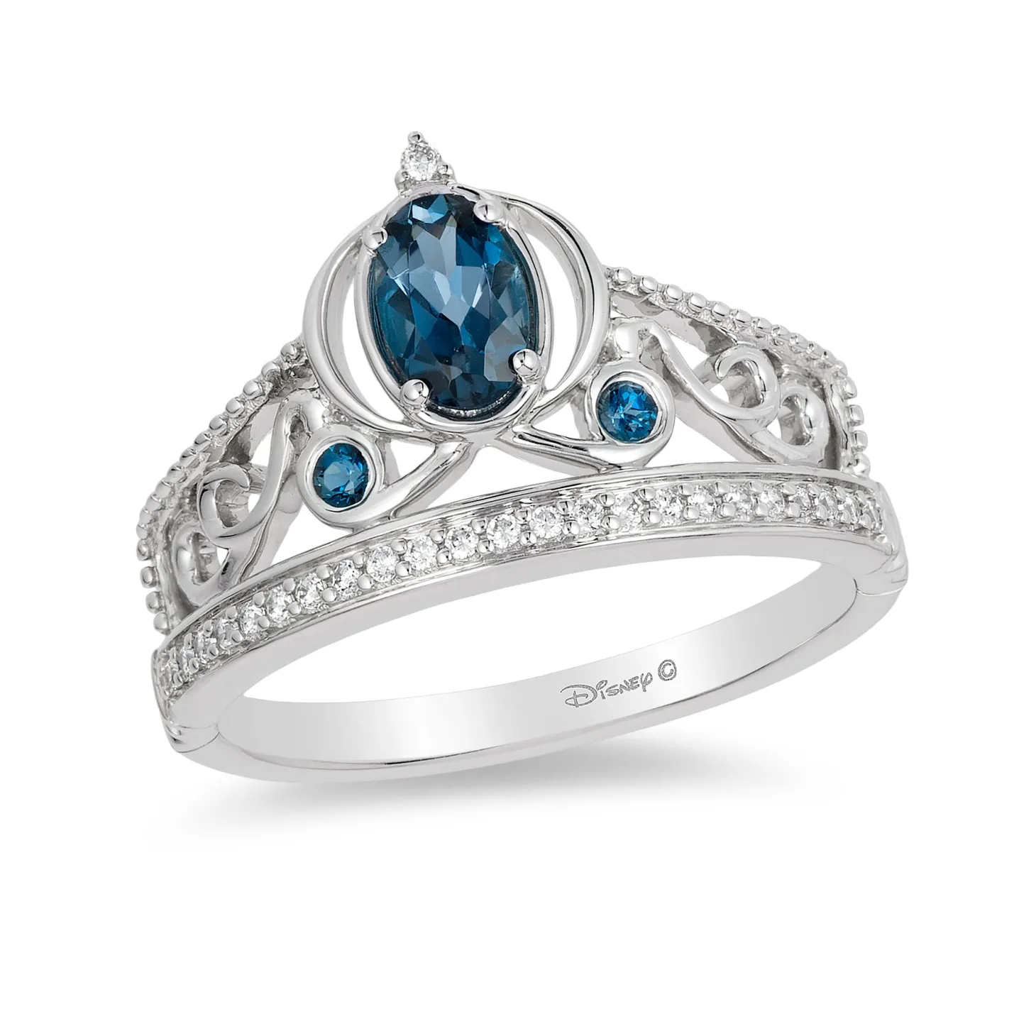 Enchanted Disney Fine Jewelry Sterling Silver with 1/10 CTTW Diamond and London Blue Topaz Cinderella Carriage Tiara Ring