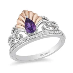 Enchanted Disney Fine Jewelry Sterling Silver and 10K Rose Gold with 1/10 CTTW Diamond and Amethyst Ariel Shell Tiara Ring