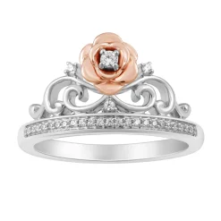 Enchanted Disney Fine Jewelry Sterling Silver And 10K Rose Gold 1/10 CTTW Belle Rose Tiara Ring