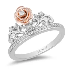 Enchanted Disney Fine Jewelry Sterling Silver and 10k Rose Gold 1/10 CTTW Belle Rose Tiara Ring