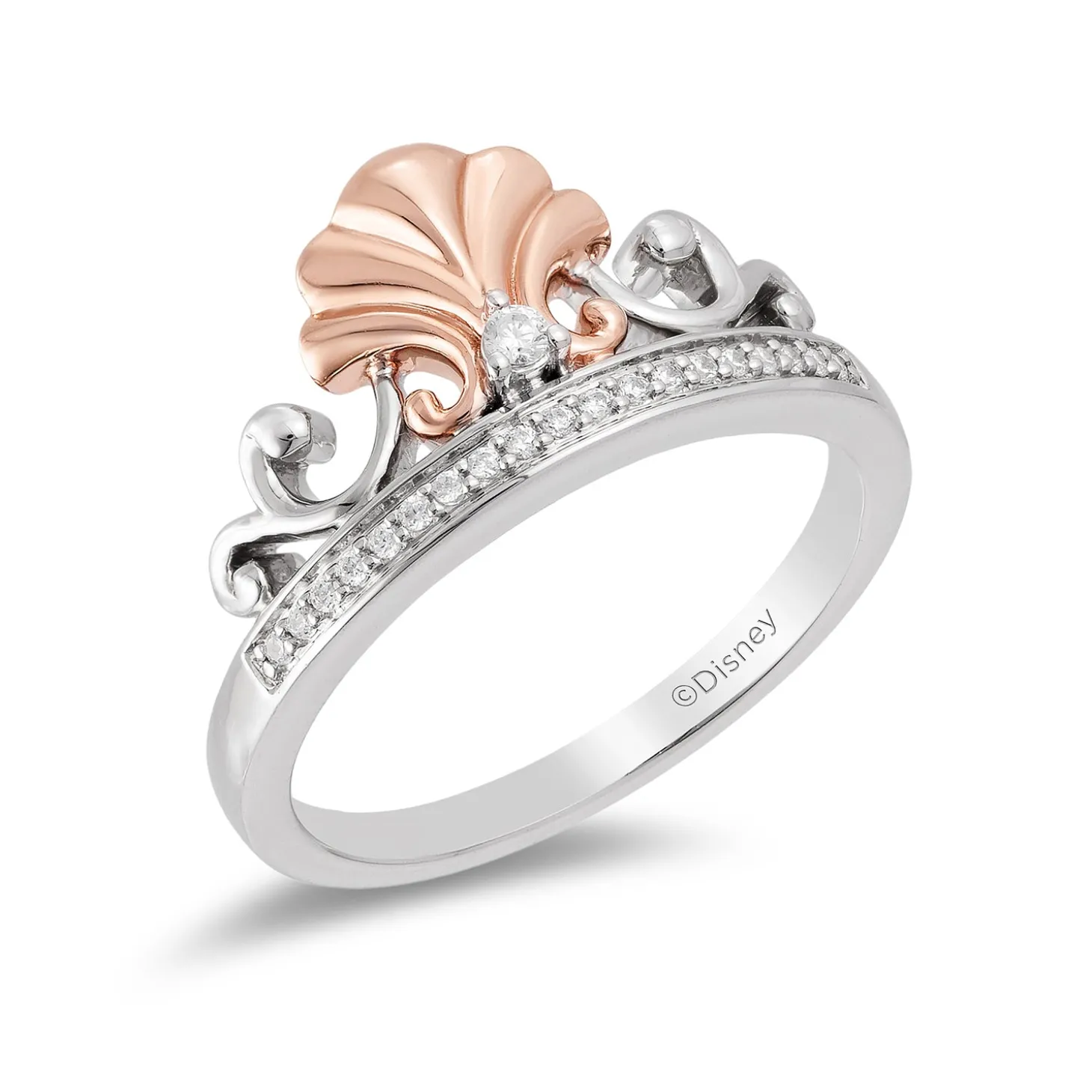 Enchanted Disney Fine Jewelry Sterling Silver and 10k Rose Gold 1/10 CTTW Ariel Shell Tiara Ring