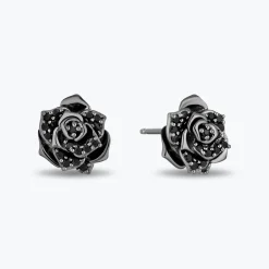 Enchanted Disney Fine Jewelry Black Rhodium Over Sterling Silver with 1/4 CTTW Black Diamonds Maleficent Rose Earrings