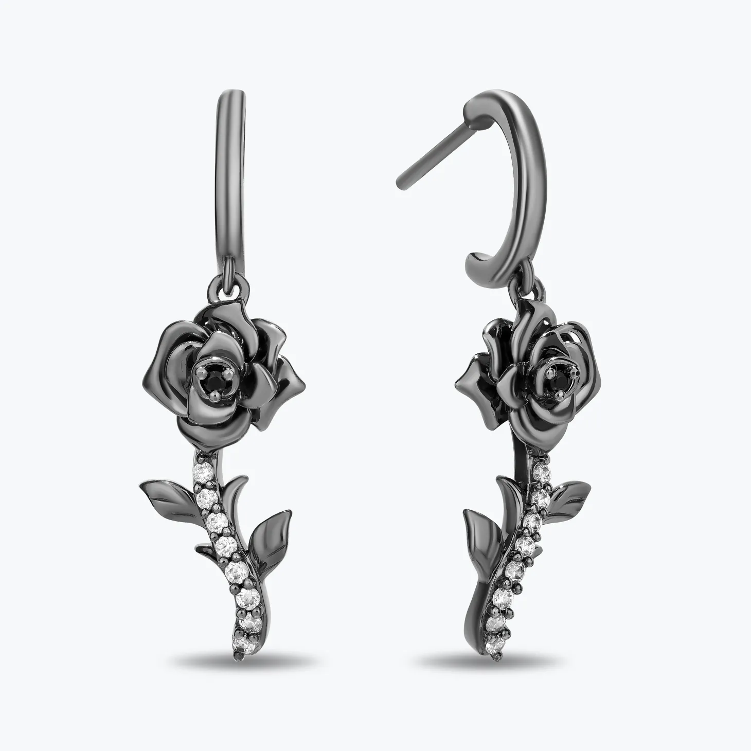 Enchanted Disney Fine Jewelry Black Rhodium Over Sterling Silver with 1/8 CTTW Black and White Diamond Maleficent Rose Earrings