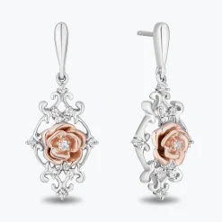 Enchanted Disney Fine Jewelry 14K Rose Gold Over Sterling Silver with 1/10 CTTW Diamonds Belle Earrings