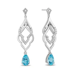Enchanted Disney Fine Jewelry Sterling Silver with 1/10 CTTW Diamond and Swiss Blue Topaz Jasmine Earrings