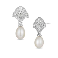 Enchanted Disney Fine Jewelry Sterling Silver with 1/10 CTTW Diamond and White Pearl Ariel Shell Fashion Earrings