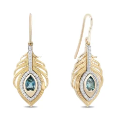 Enchanted Disney Fine Jewelry 10K Yellow Gold with 1/5 CTTW Diamonds and Swiss Blue Topaz Jasmine Peacock Feather Earrings