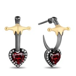 Enchanted Disney Fine Jewelry Black Rhodium and 14K Yellow Gold Over Sterling Silver with 1/8 CTTW Black and White Diamond with Red Garnet Evil Queen Earrings