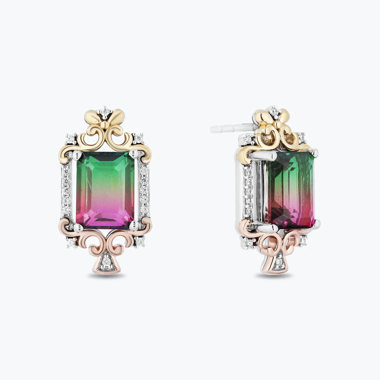 Enchanted Disney Fine Jewelry Sterling Silver, 10K Rose Gold and Yellow Gold with 1/10 CTTW Diamonds and Watermelon Quartz Cinderella Step Sister Earrings