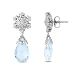 Enchanted Disney Fine Jewelry 14K White Gold With 1/10 CTTW Diamond and Aquamarine Elsa Snow Flake Earrings