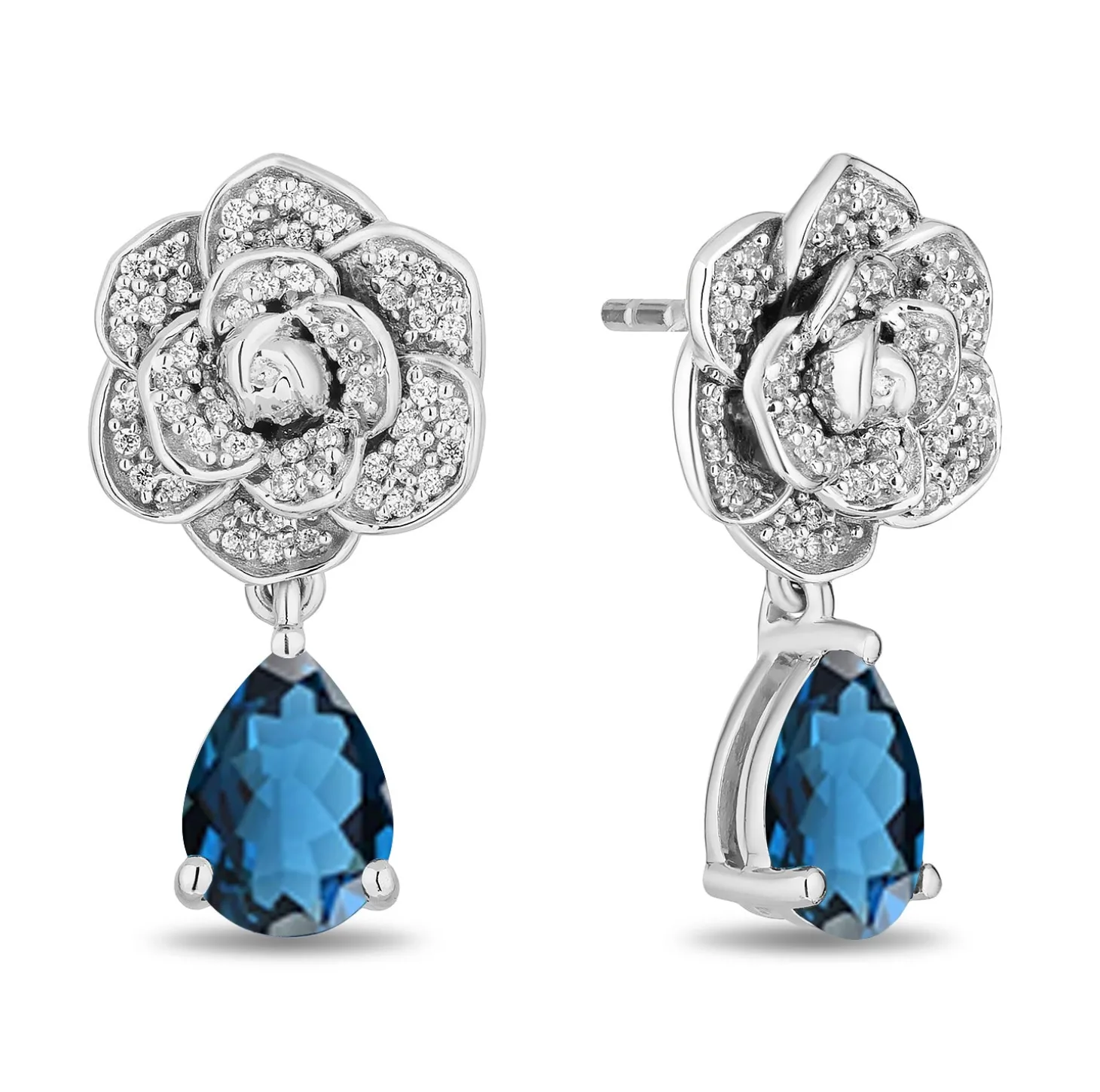 Enchanted Disney Fine Jewelry Sterling Silver with 1/5 CTTW Diamonds and London Blue Topaz Cinderella Earrings