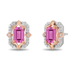 Enchanted Disney Fine Jewelry 14K Rose Gold over Sterling Silver with 1/6 CTTW Diamonds and Created Pink Sapphire Aurora Earrings