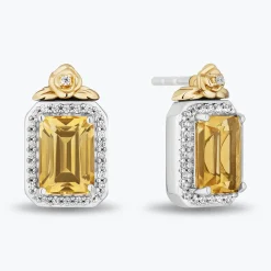 Enchanted Disney Fine Jewelry Sterling Silver and 10K Yellow Gold with 1/6 CTTW Diamonds and Citrine Belle Stud Earrings