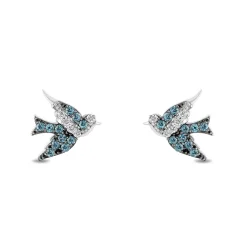 Enchanted Disney Fine Jewelry Sterling Silver with 1/15 CTTW Diamond and London Blue Topaz Cinderella 70th Anniversary Blue Bird Stud Earrings