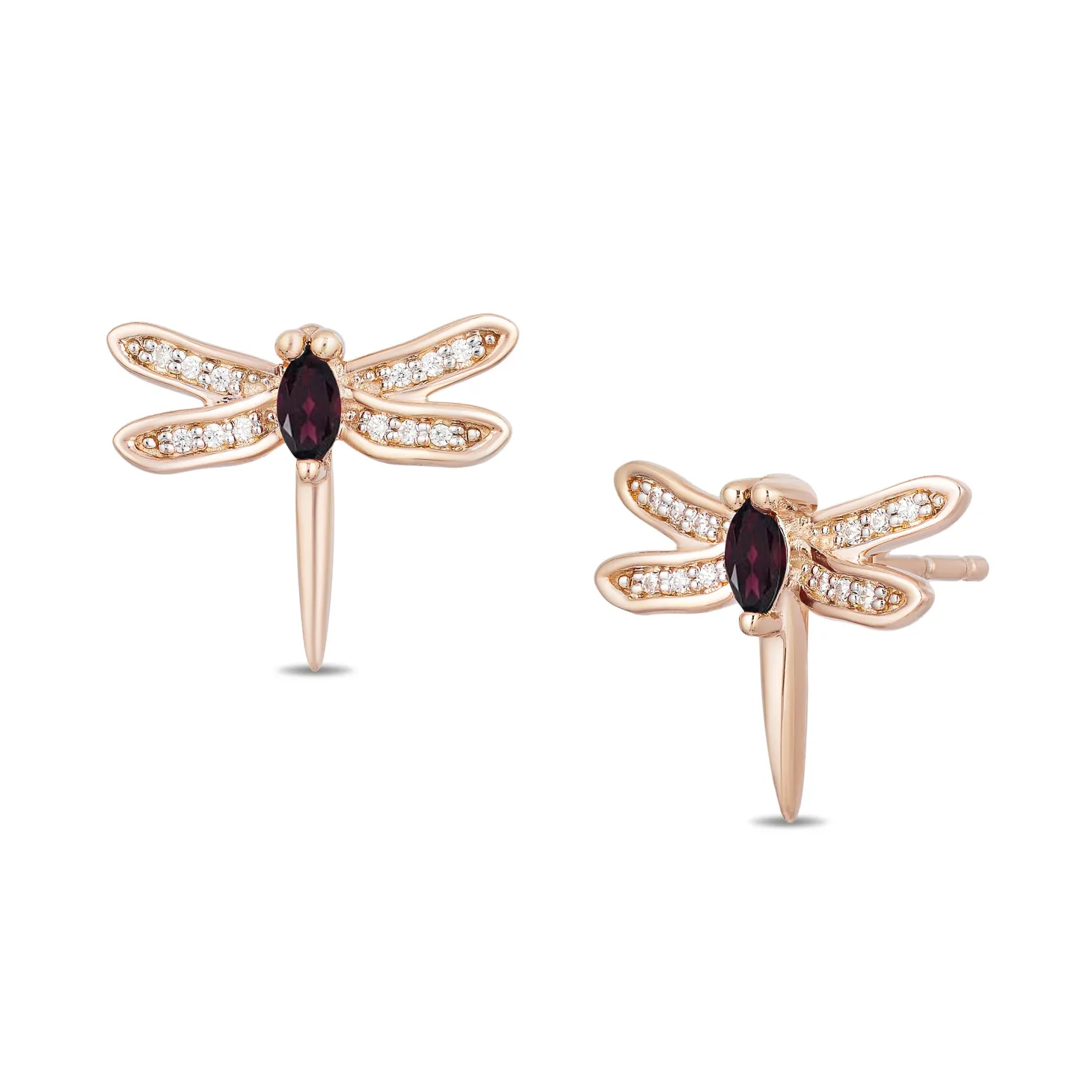 Enchanted Disney Fine Jewelry 14K Rose Gold over Sterling Silver with 1/15 CTTW Diamond And Rhodolite Garnet Mulan Dragonfly Earrings