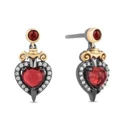 Enchanted Disney Fine Jewelry Black Rhodium Over Sterling Silver and 10K Yellow Gold with 1/8 CTTW Diamond and Red Garnet Evil Queen Earrings