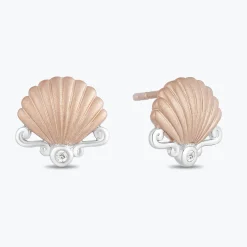 Enchanted Disney Fine Jewelry 10K White Gold And Rose Gold Natural White Round Diamond Accent Ariel Shell Stud Earrings