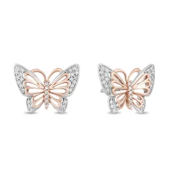 Enchanted Disney Fine Jewelry Sterling Silver and 10K Rose Gold 1/10 CTTW Natural White Round Diamond Mulan Butterfly Earrings