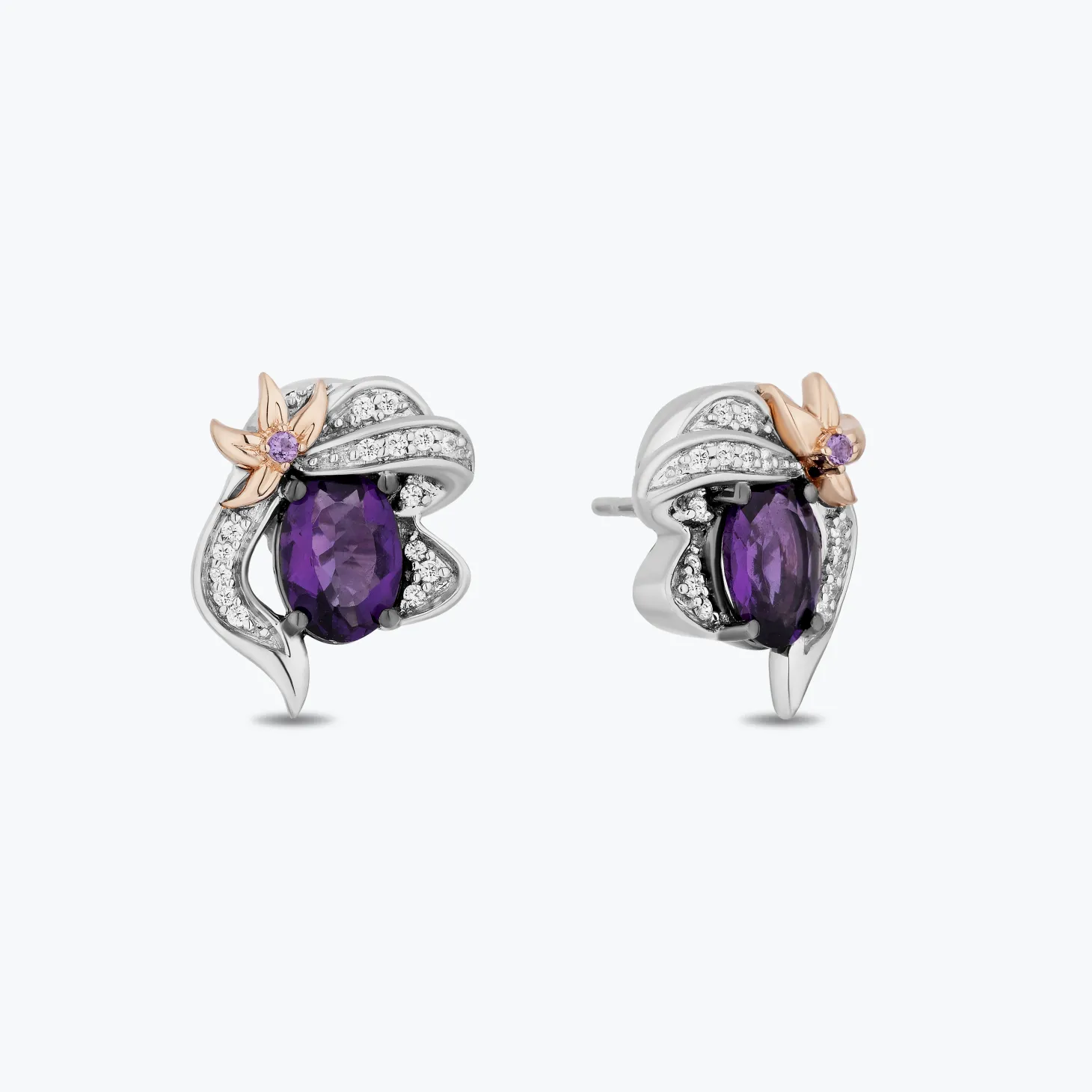 Enchanted Disney Fine Jewelry Sterling Silver and 10K Rose Gold with 1/10 CTTW White Diamond and Amethyst Ariel Stud Earrings