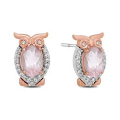 Enchanted Disney Fine Jewelry Sterling Silver and 10K Rose Gold with 1/10 CTTW Diamond and Pink Quartz Aurora Owl Stud Earrings