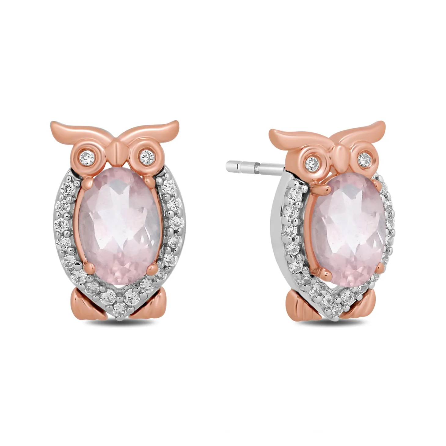 Enchanted Disney Fine Jewelry Sterling Silver and 10K Rose Gold with 1/10 CTTW Diamond and Pink Quartz Aurora Owl Stud Earrings