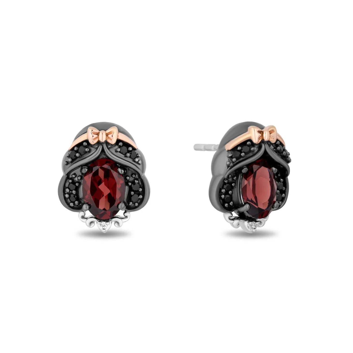 Enchanted Disney Fine Jewelry Black Rhodium Over Sterling Silver and 10K Rose Gold 1/7 CTTW White Diamond and Black diamond with Red Garnet Snow White Stud Earrings