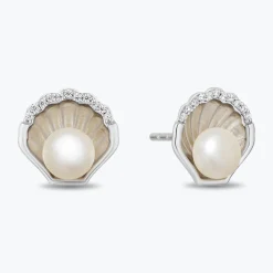 Enchanted Disney Fine Jewelry Sterling Silver with 1/20 CTTW Diamonds and Pearl Ariel Shell Stud Earrings