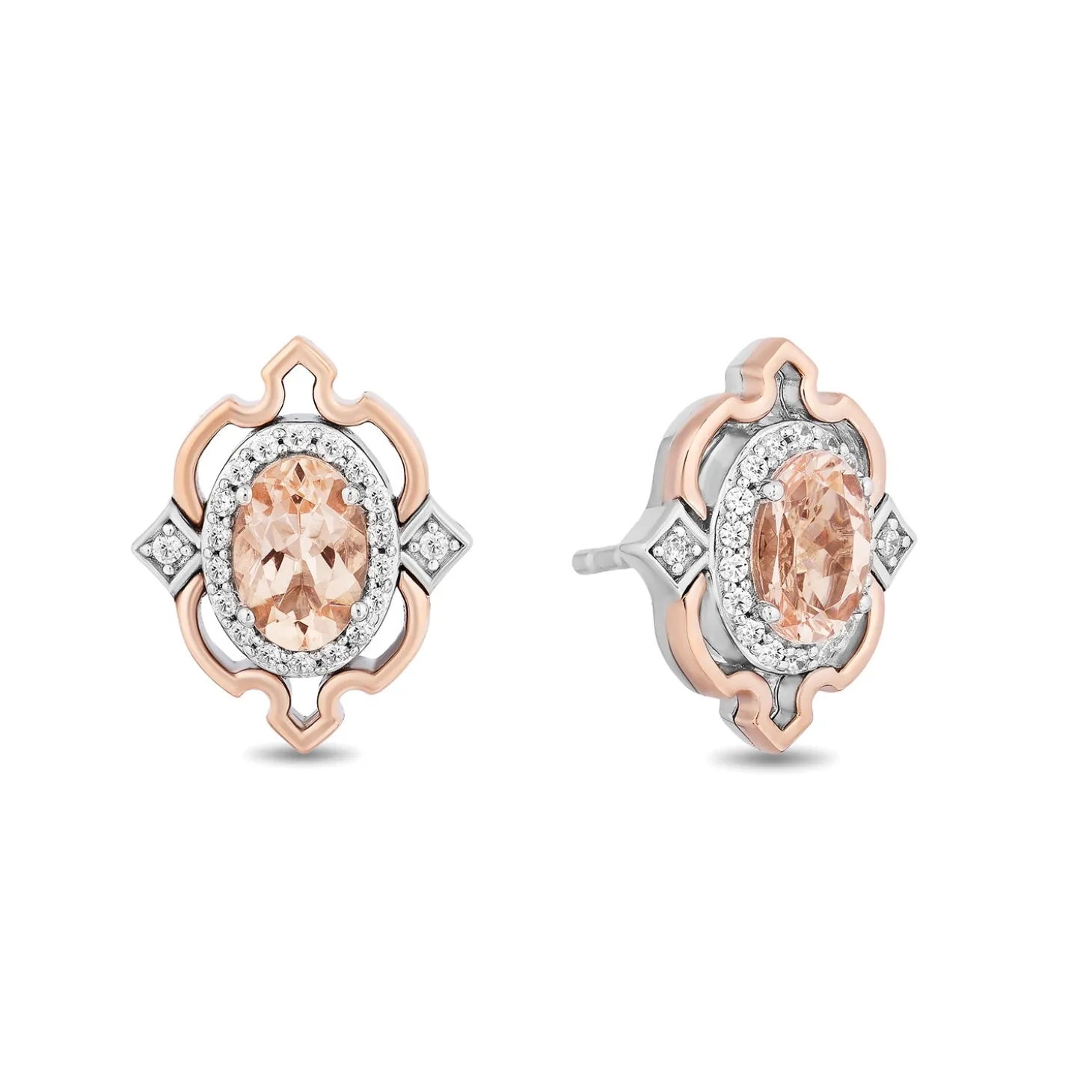 Enchanted Disney Fine Jewelry Sterling Silver and 10K Rose Gold with 1/6 CTTW Diamond and Morganite Aurora Stud Earrings