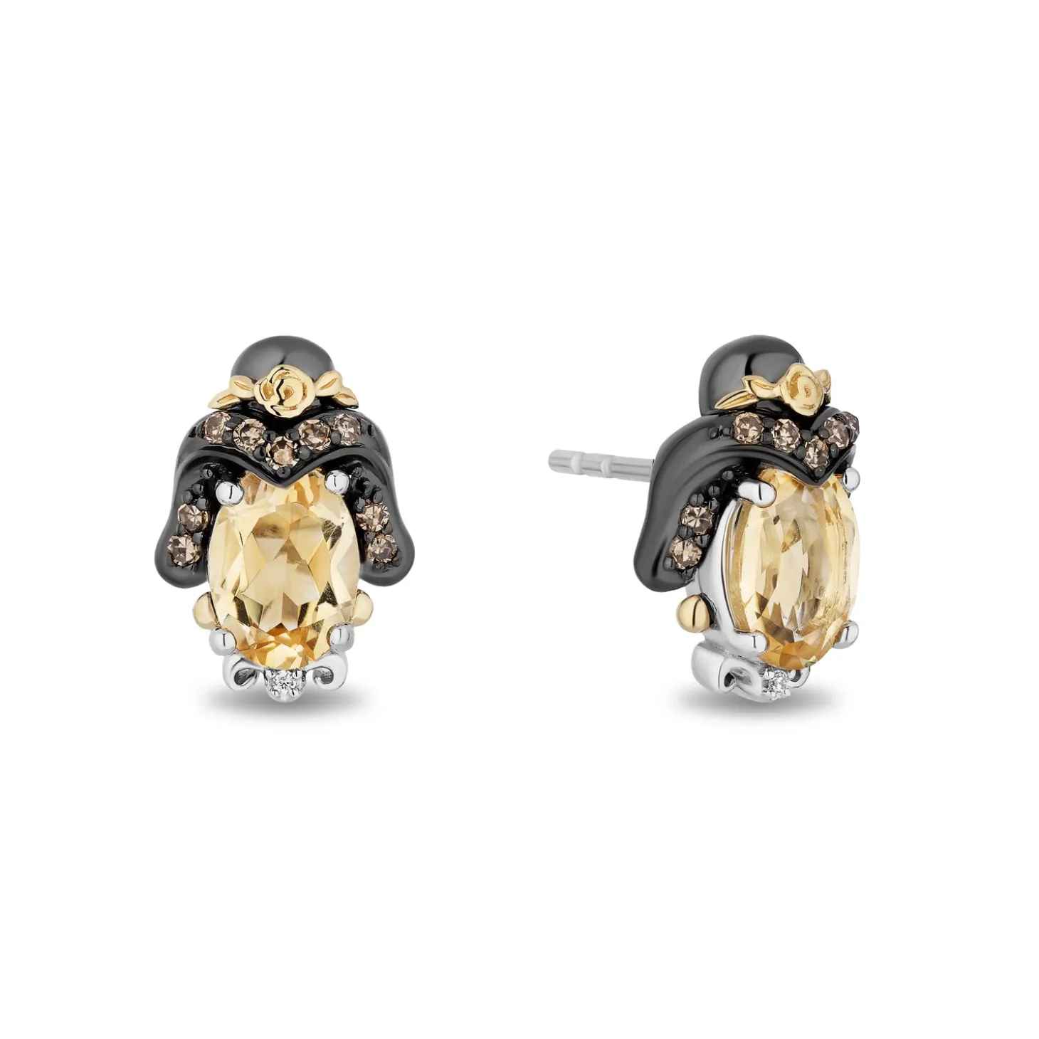 Enchanted Disney Fine Jewelry Black Rhodium Over Sterling Silver and 10K Yellow Gold 1/7 CTTW White Diamond and Champagne Diamond with Citrine Belle Stud Earrings