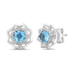 Enchanted Disney Fine Jewelry Sterling Silver with 1/10 CTTW Diamonds and Swiss Blue Topaz Jasmine Stud Earrings