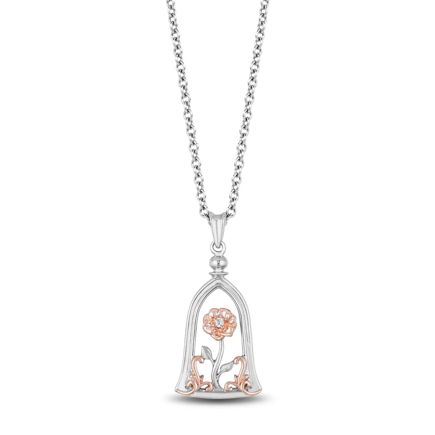 Enchanted Disney Fine Jewelry 14K Rose Gold Over Sterling Silver Diamond Accent Belle Rose Jar Pendant Necklace