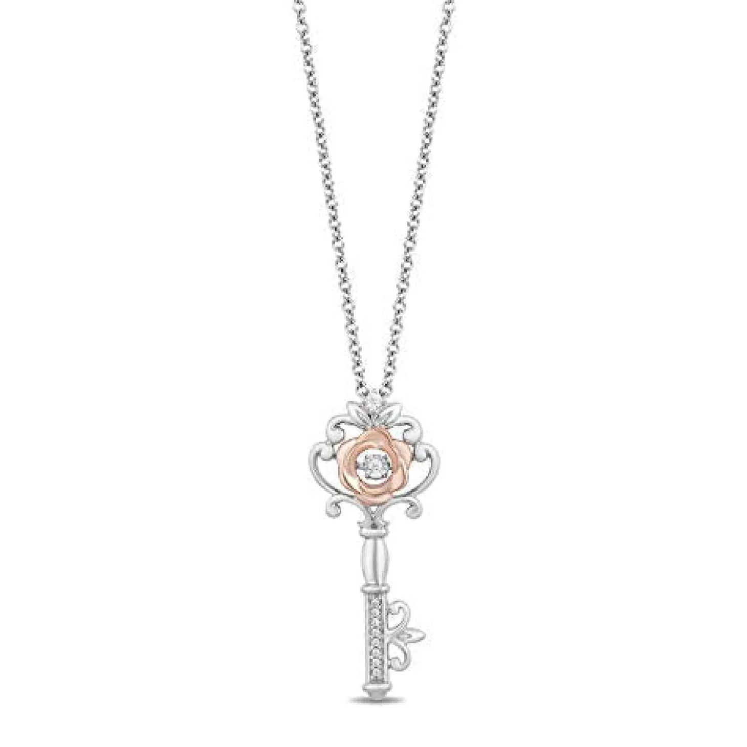 Enchanted Disney Fine Jewelry 14K Rose Gold Over Sterling Silver 1/20 CTTW Diamond Belle Key Pendant Necklace