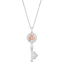 Enchanted Disney Fine Jewelry 14K Rose Gold Over Sterling Silver with 1/6 CTTW Belle Rose Key Pendant Necklace
