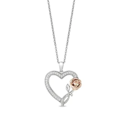 Enchanted Disney Fine Jewelry Sterling Silver and 10K Rose Gold with 1/6 CTTW Diamonds Belle Rose with Heart Pendant Necklace