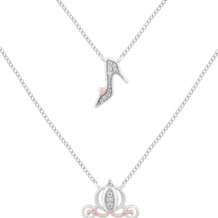 Enchanted Disney Fine Jewelry Sterling Silver and 10K Rose Gold 1/15 CTTW Diamond Cinderella Double Chain Necklace