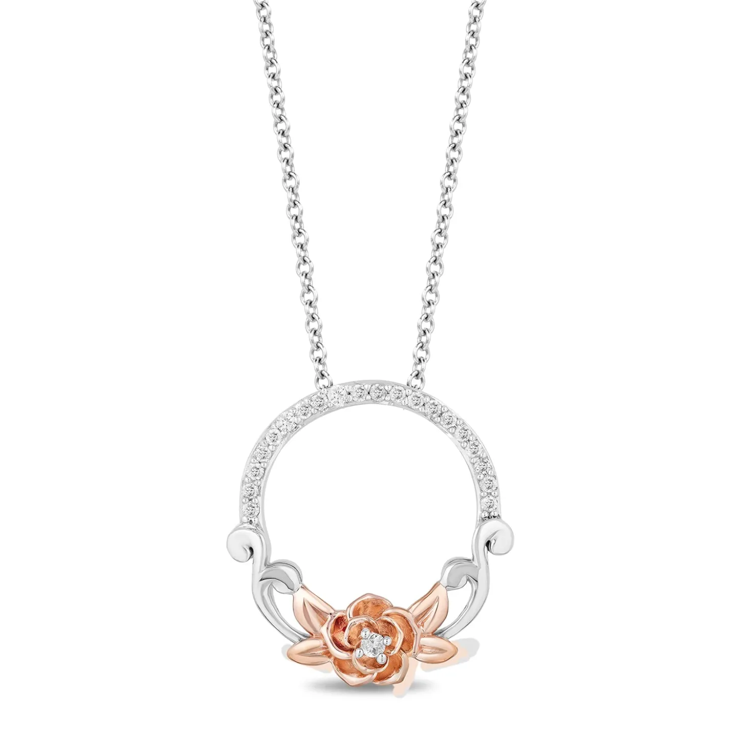 Enchanted Disney Fine Jewelry 14K Rose Gold over Sterling Silver with 1/10 CTTW Belle Rose Pendant Necklace