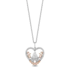 Enchanted Disney Fine Jewelry Sterling Silver and 10K Rose Gold 1/8 CTTW Diamond Majestic Princess Castle Heart Pendant Necklace