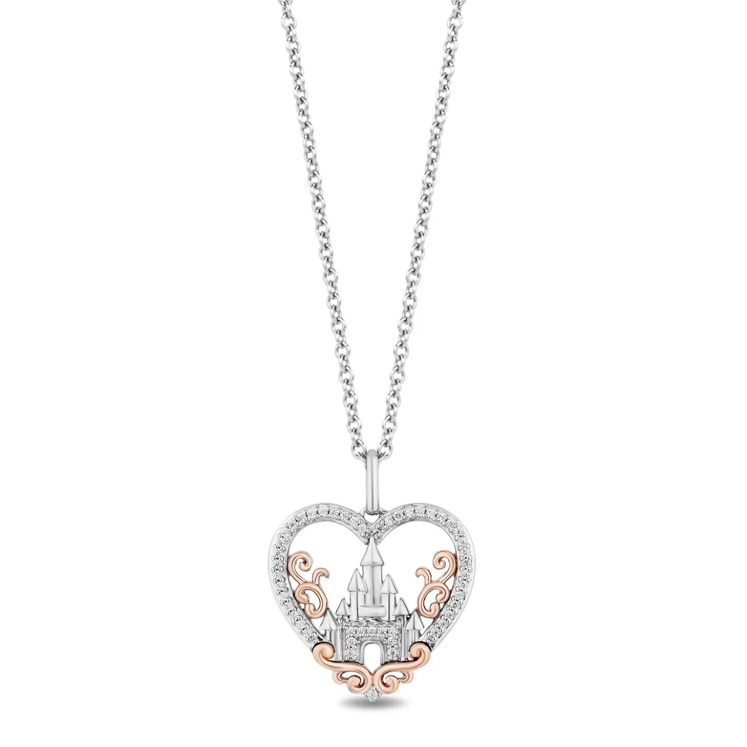 Enchanted Disney Fine Jewelry Sterling Silver and 10K Rose Gold 1/8 CTTW Diamond Majestic Princess Castle Heart Pendant Necklace