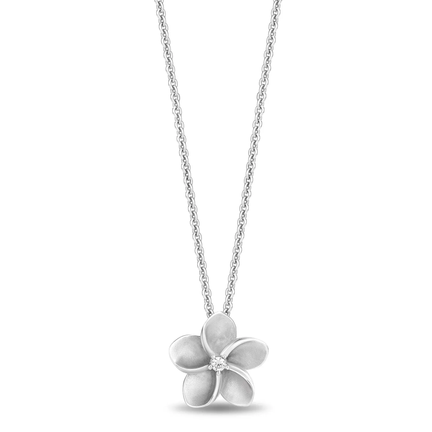 Enchanted Disney Fine Jewelry Sterling Silver with Accent Diamonds Moana Plumeria Flower Pendant Necklace